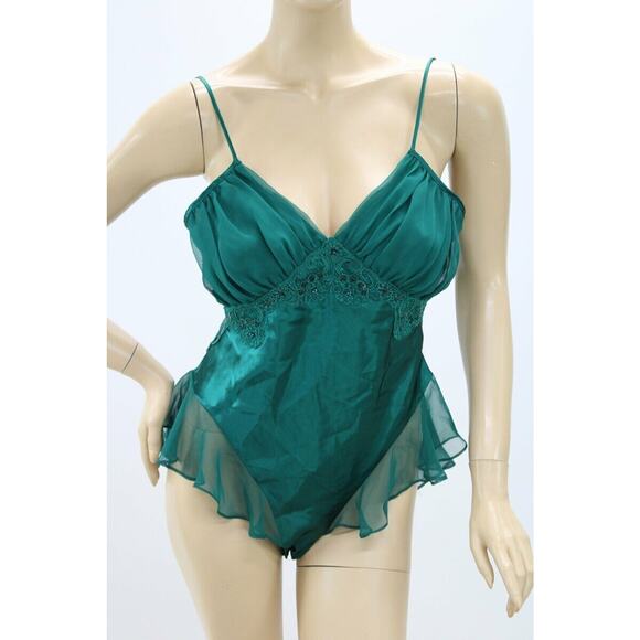 Vtg Victorias Secret Teddy Medium Hi Legs Flutter Leg Green Bling Shiny Satin - Picture 8 of 8